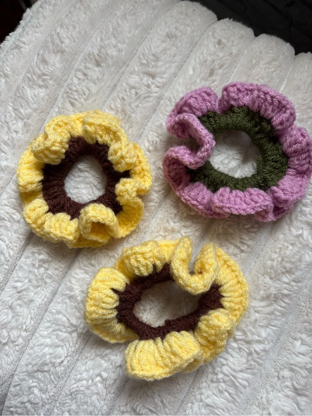 Handmade Kids Crocheted Ruffle Scrunchies - Yellow & Pink Set